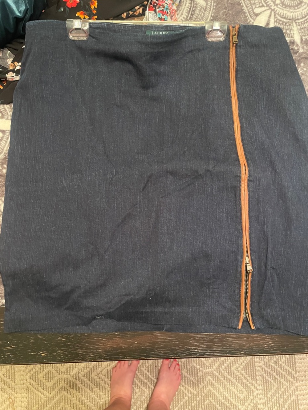 Ralph Lauren Denim Pencil Skirt with Brown Leather Zip Trim
